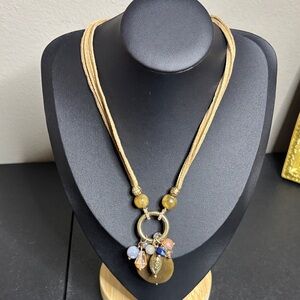 Chico's Natural Stone Necklace Suede Cord Gold Tone Charm Necklace